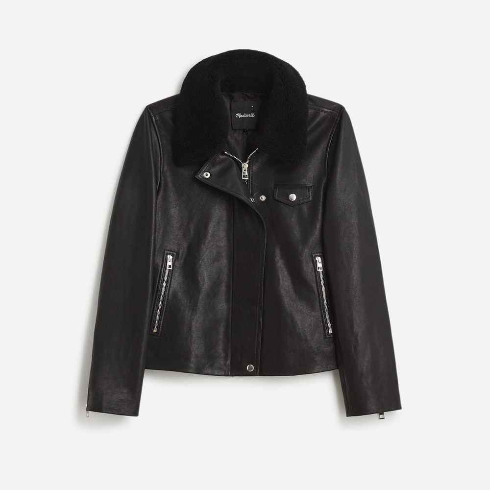 Madewell Black Leather Jacket with Plush Collar
